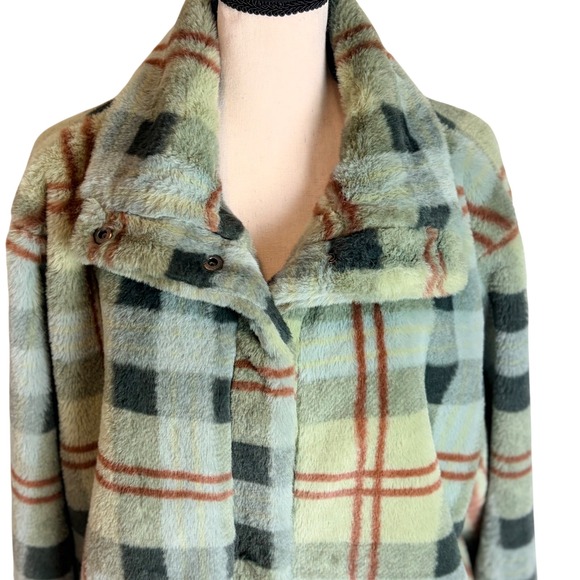 Vici Yosemite Adventures Plaid Teddy Jacket Sage Faux Fur Snap Front Large - Picture 3 of 12